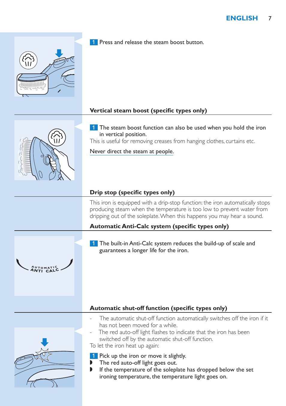 Vertical steam boost (specific types only), Drip stop (specific types only), Automatic anti-calc system (specific types only) | Automatic shut-off function (specific types only) | Philips GC3106 User Manual | Page 7 / 136