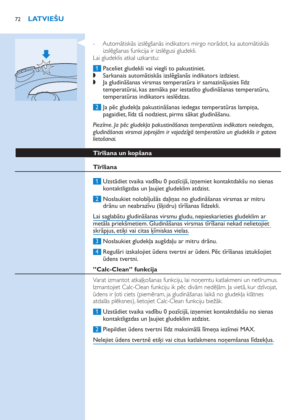 Tīrīšana un kopšana, Tīrīšana, Calc-clean” funkcija | Philips GC3106 User Manual | Page 72 / 136