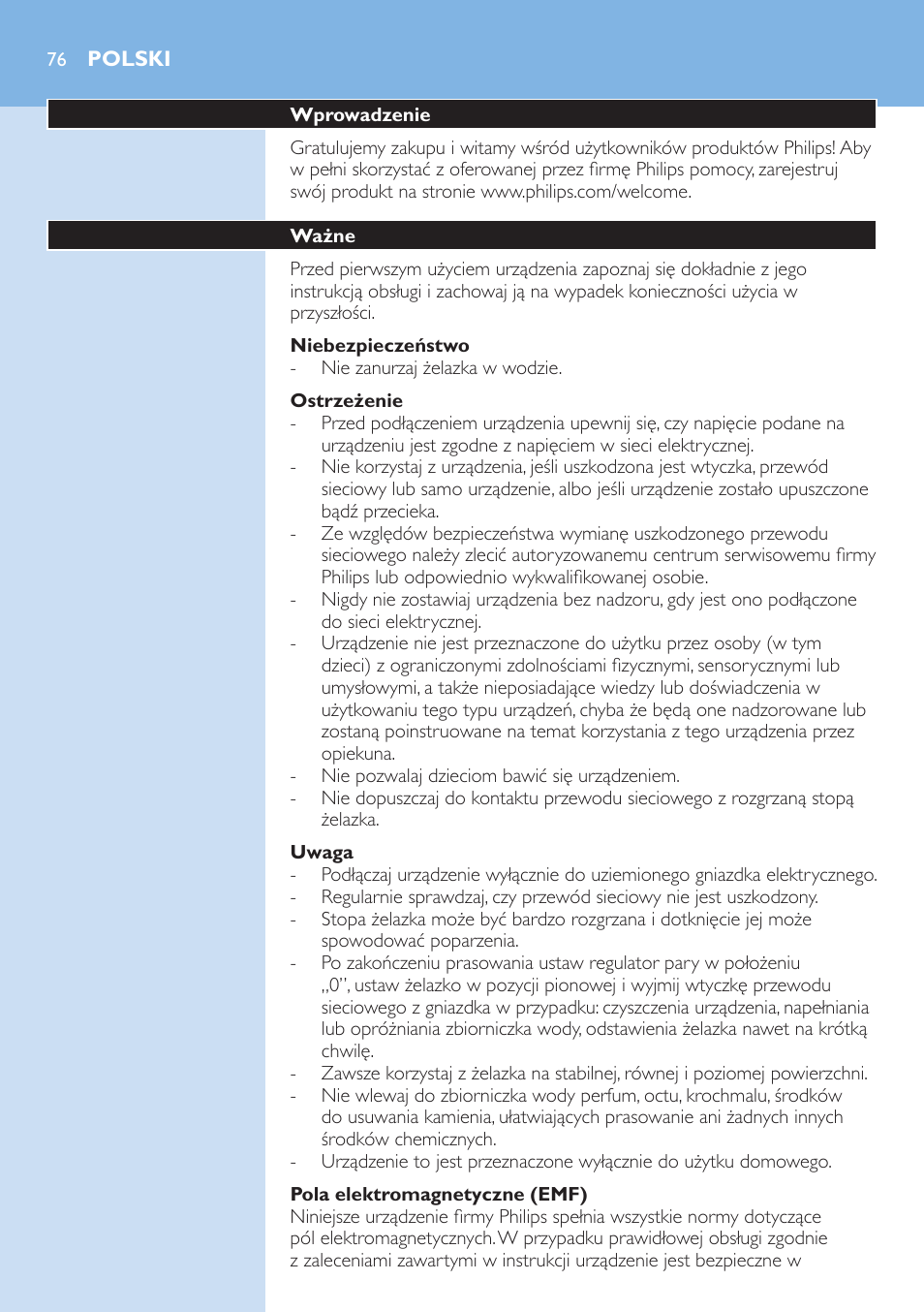 Niebezpieczeństwo, Ostrzeżenie, Uwaga | Pola elektromagnetyczne (emf), Polski, Wprowadzenie, Ważne | Philips GC3106 User Manual | Page 76 / 136