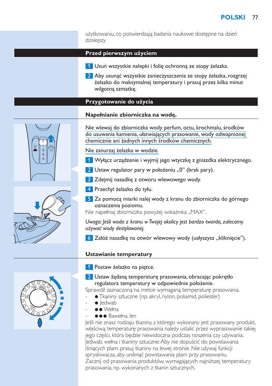 Przed pierwszym użyciem, Przygotowanie do użycia, Napełnianie zbiorniczka na wodę | Ustawianie temperatury | Philips GC3106 User Manual | Page 77 / 136