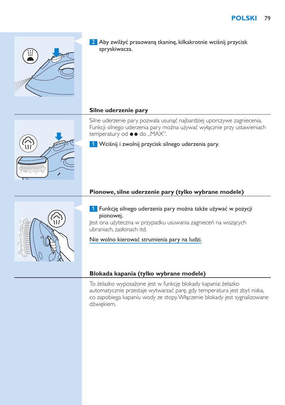 Silne uderzenie pary, Blokada kapania (tylko wybrane modele) | Philips GC3106 User Manual | Page 79 / 136