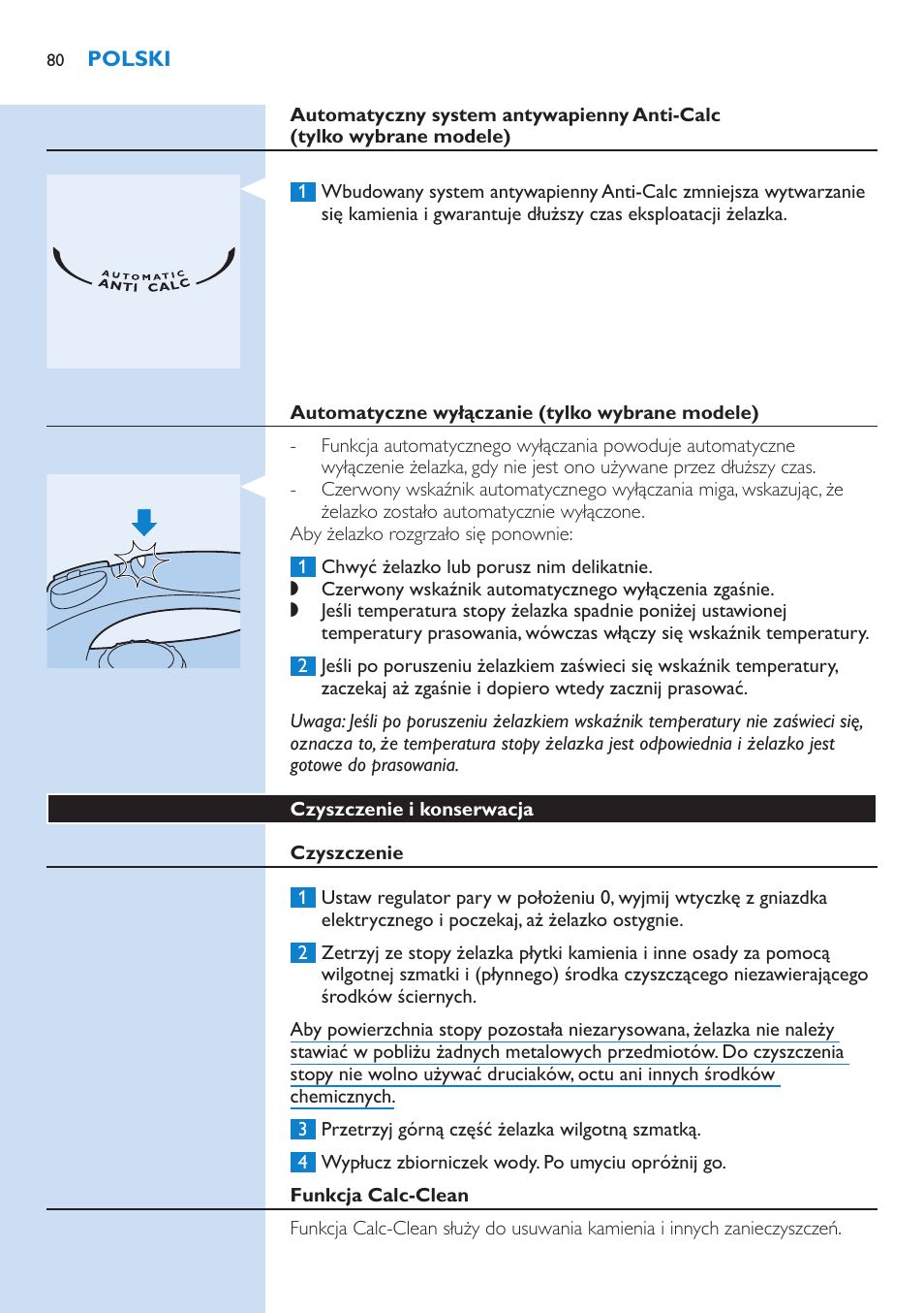 Automatyczne wyłączanie (tylko wybrane modele), Czyszczenie i konserwacja, Czyszczenie | Funkcja calc-clean | Philips GC3106 User Manual | Page 80 / 136