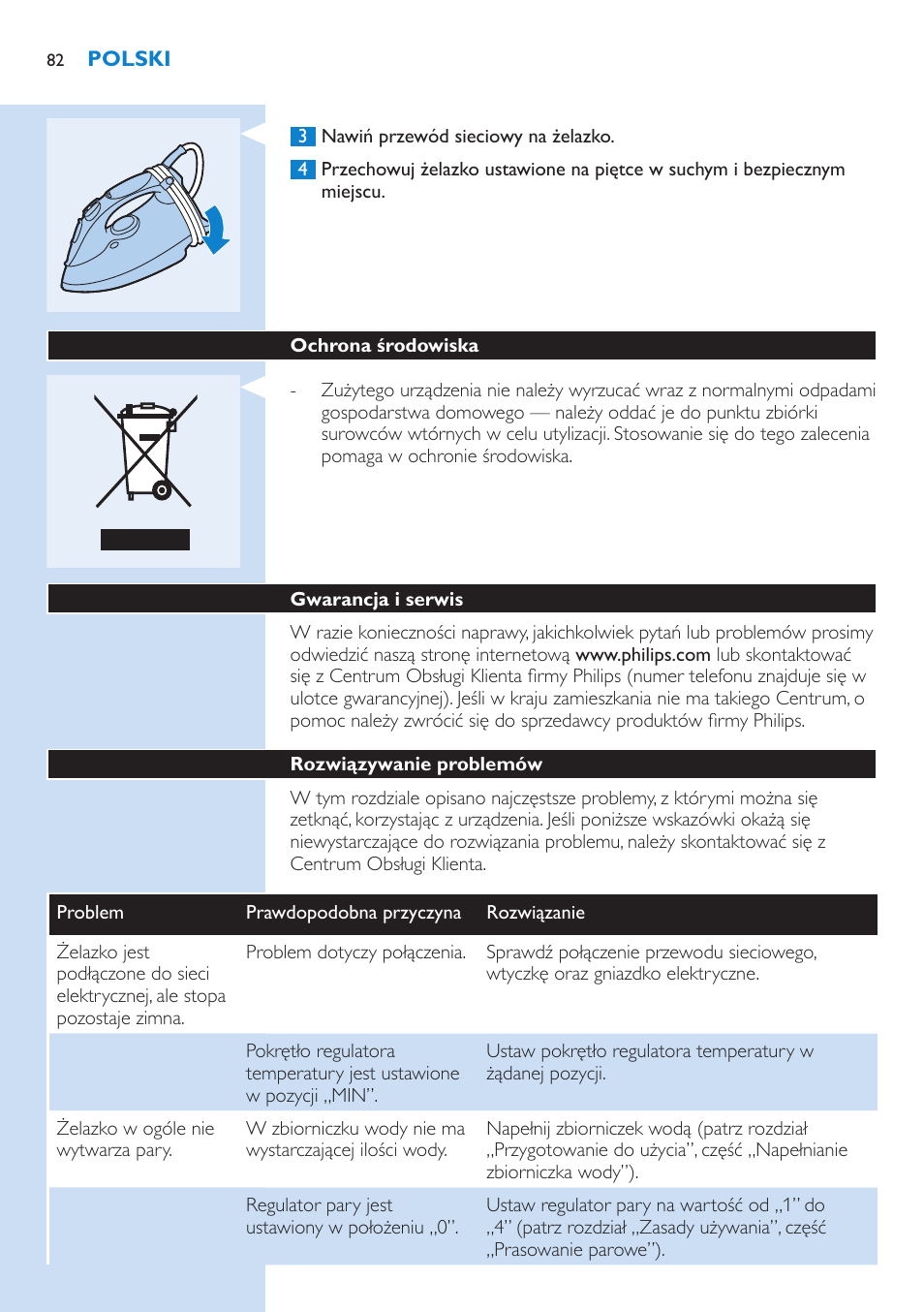 Ochrona środowiska, Gwarancja i serwis, Rozwiązywanie problemów | Philips GC3106 User Manual | Page 82 / 136