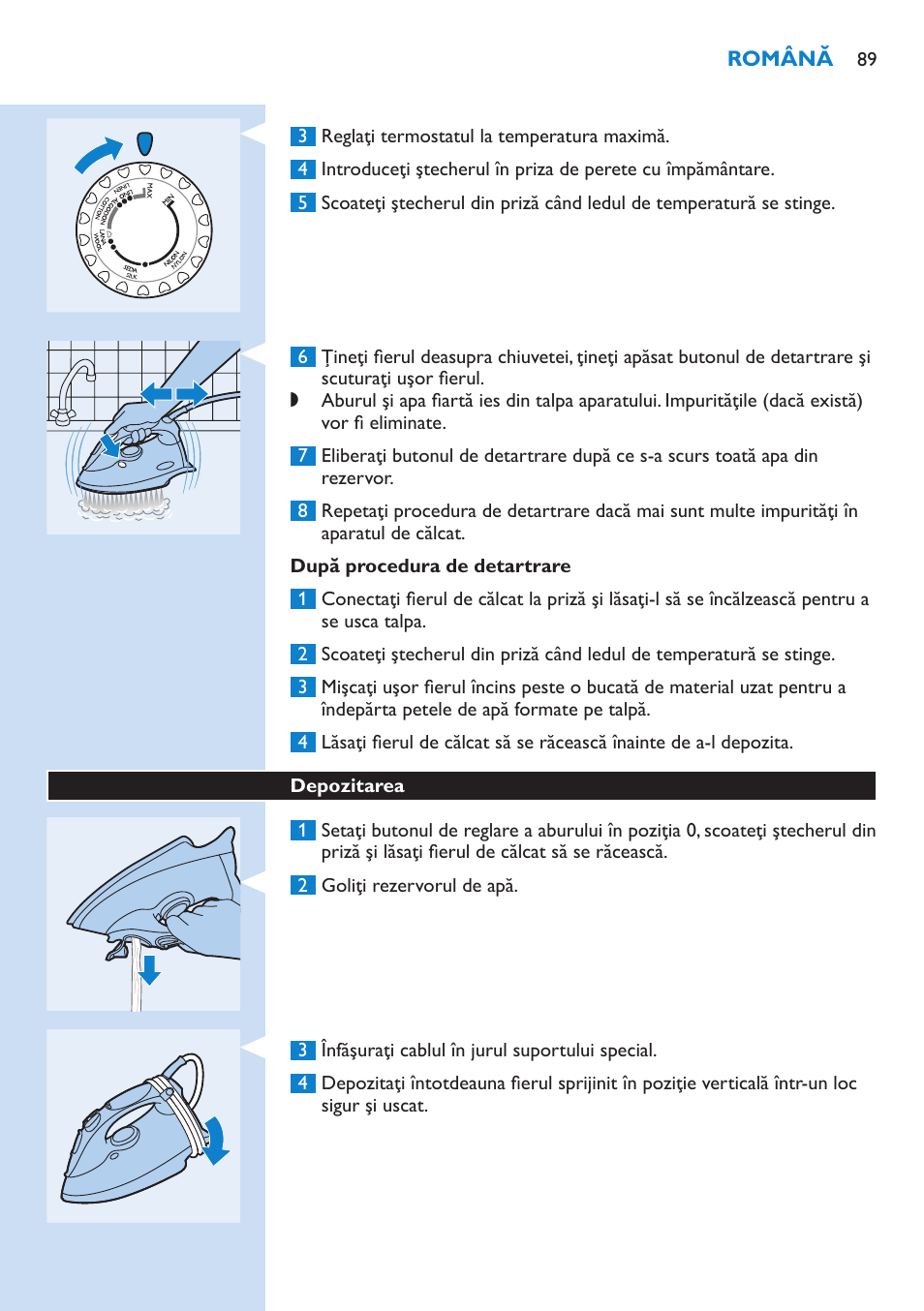 După procedura de detartrare, Depozitarea | Philips GC3106 User Manual | Page 89 / 136