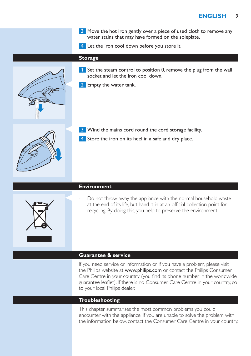 Storage, Environment, Guarantee & service | Troubleshooting | Philips GC3106 User Manual | Page 9 / 136