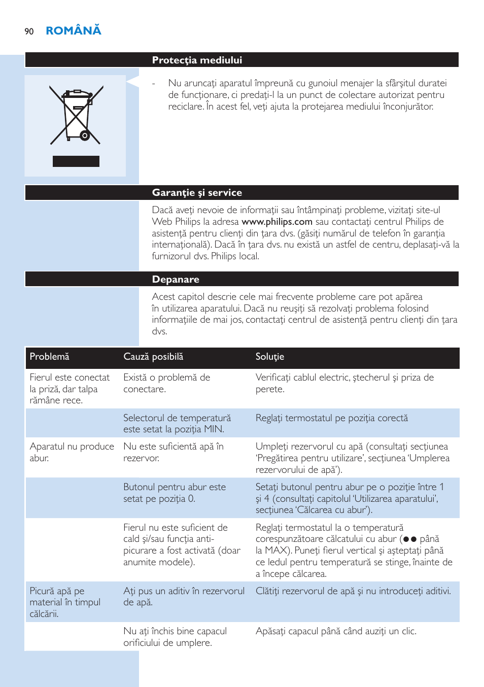 Protecţia mediului, Garanţie şi service, Depanare | Philips GC3106 User Manual | Page 90 / 136