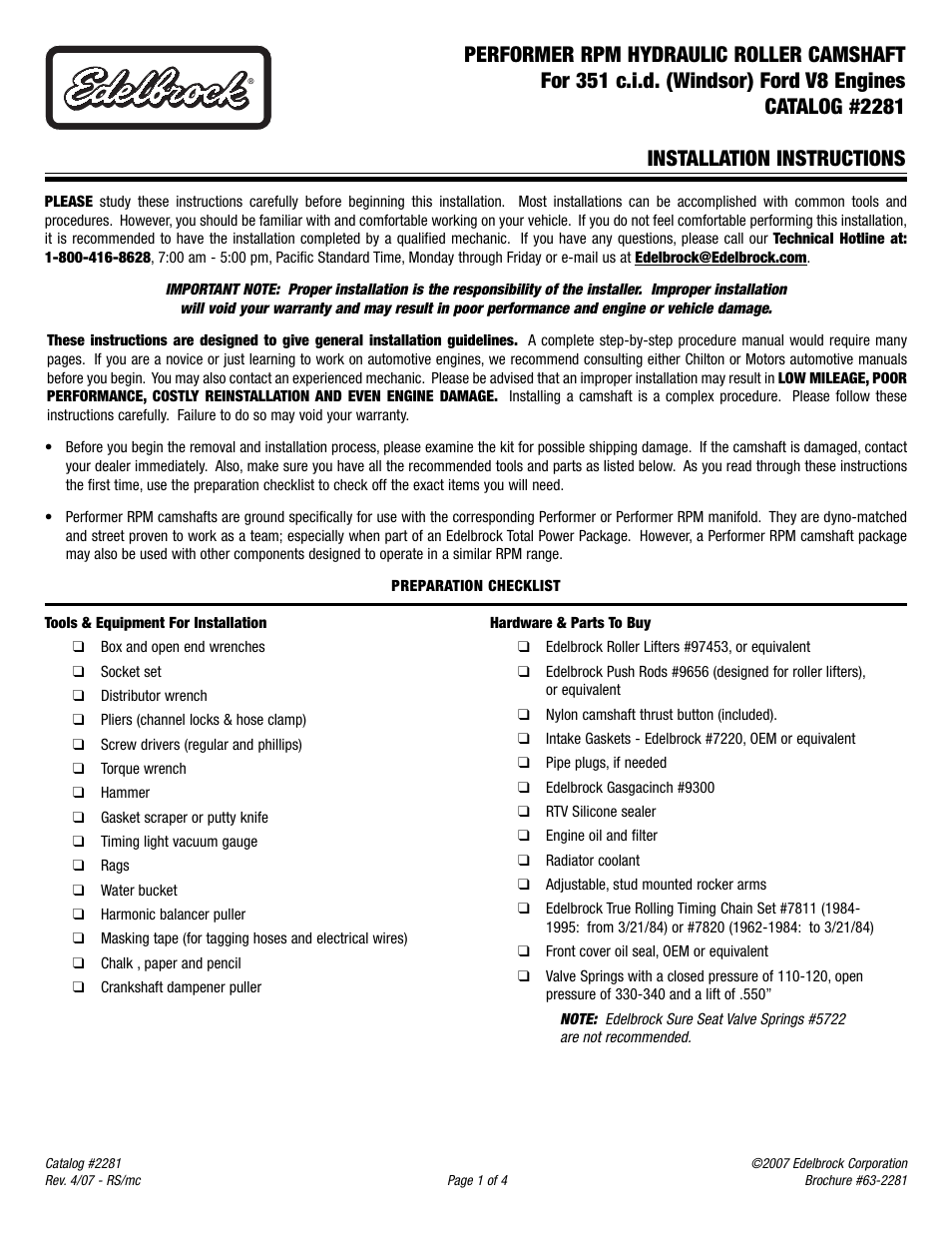 Edelbrock 351 User Manual | 4 pages