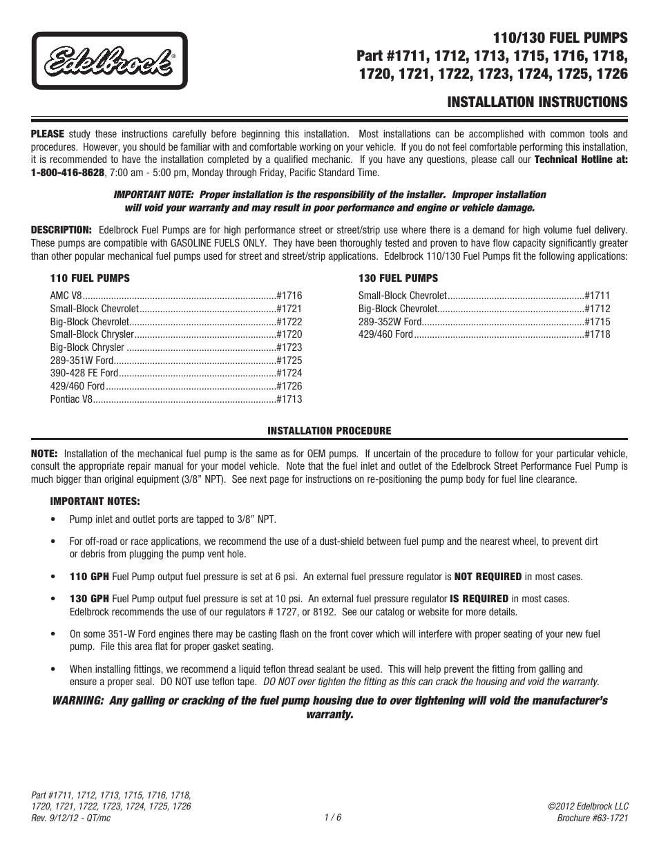 Edelbrock 1725 User Manual | 6 pages