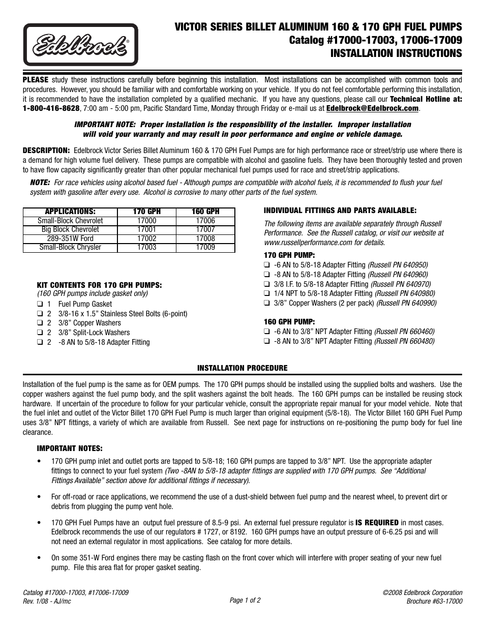 Edelbrock 17007 User Manual | 2 pages