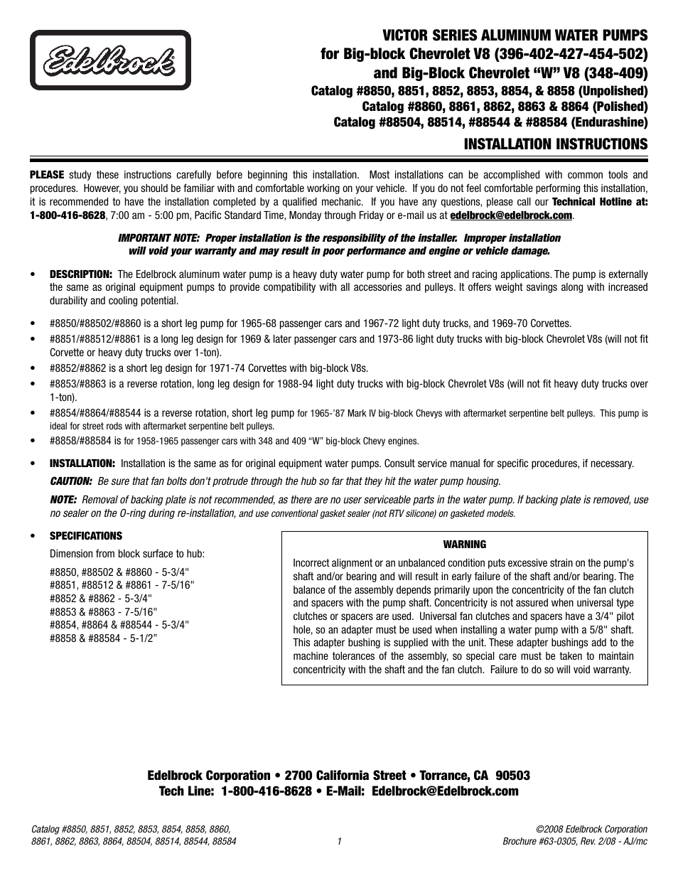 Edelbrock For Big-block Chevrolet V8 8862 User Manual | 3 pages