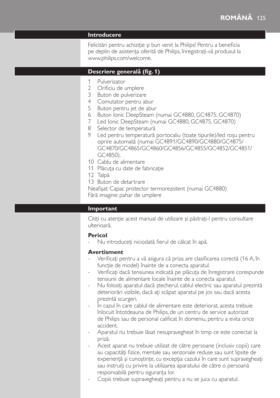 Română 12 | Philips GC4850 User Manual | Page 125 / 198
