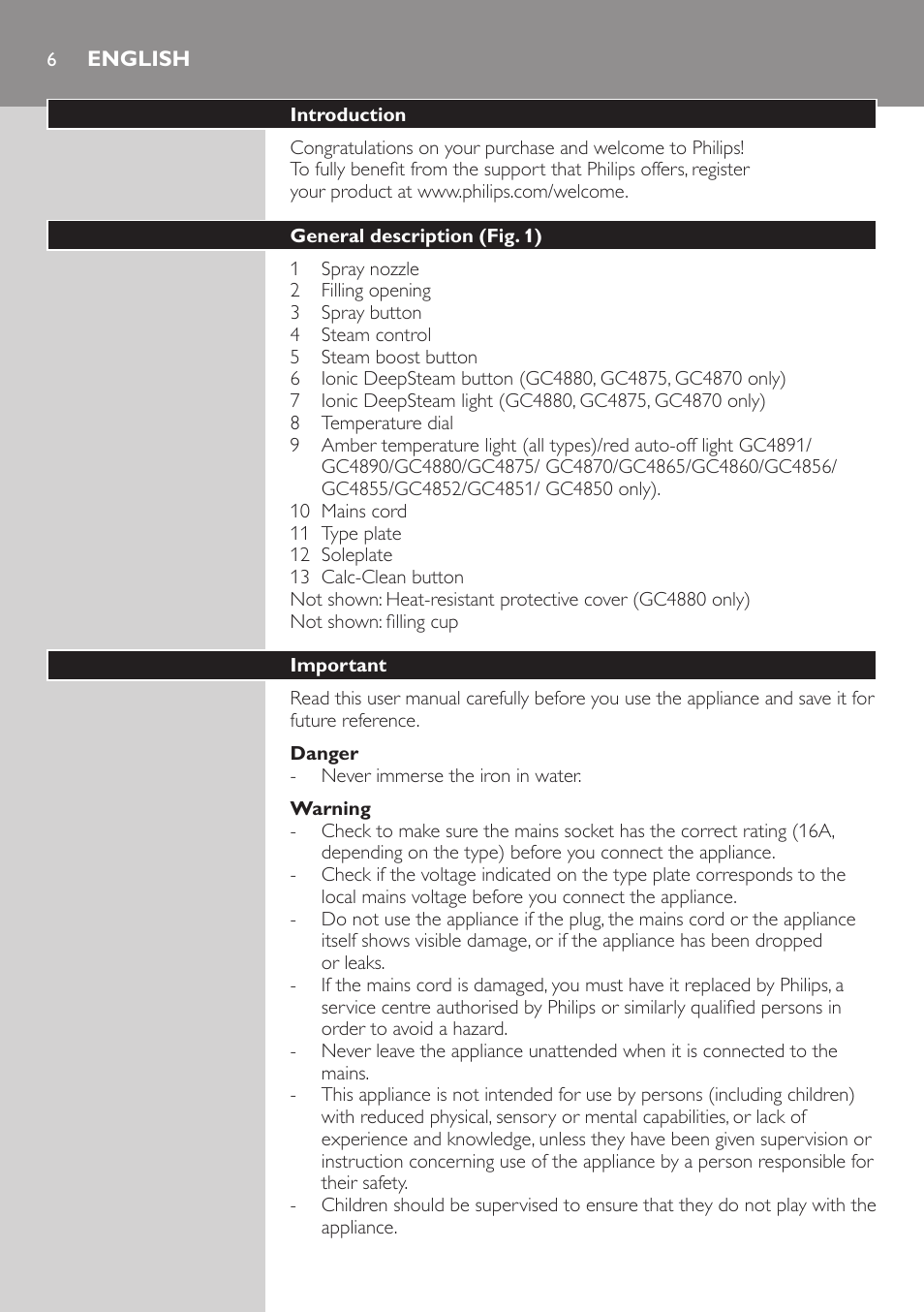 English | Philips GC4850 User Manual | Page 6 / 198