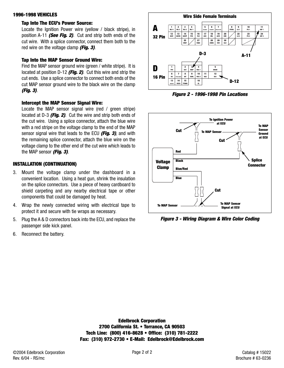 Figure 3 - wiring diagram & wire color coding, Wire side female terminals, 32 pin | 16 pin, Splice connector cut | Edelbrock 15022 User Manual | Page 2 / 2