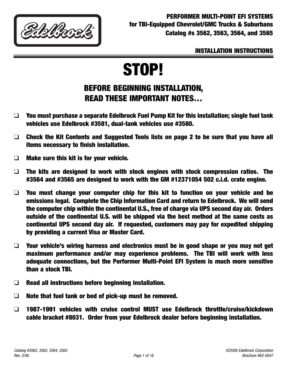 Edelbrock 3564 User Manual | 16 pages