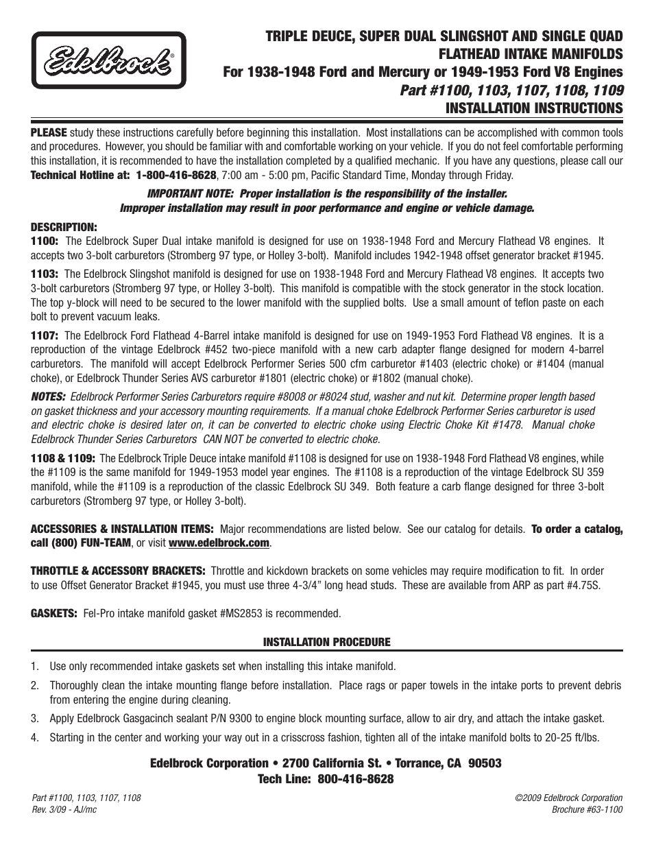 Edelbrock 1100 User Manual | 1 page