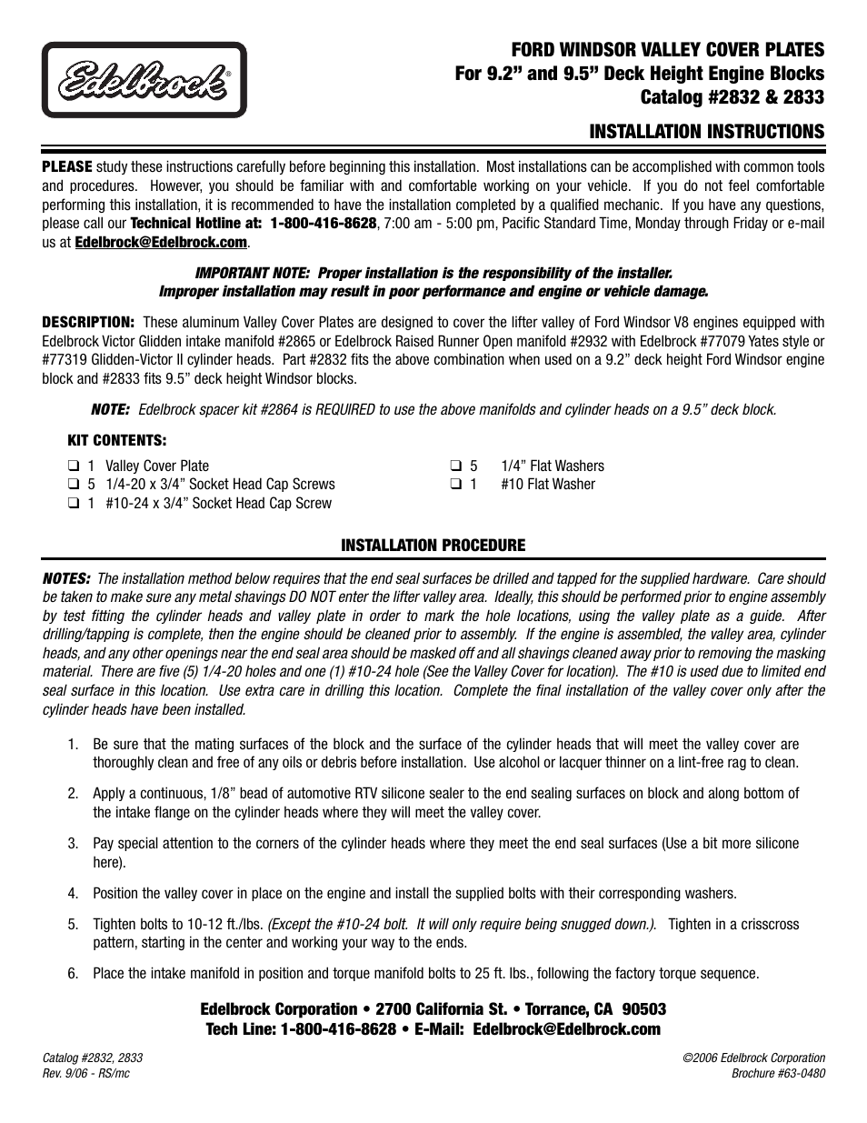 Edelbrock 2833 User Manual | 1 page