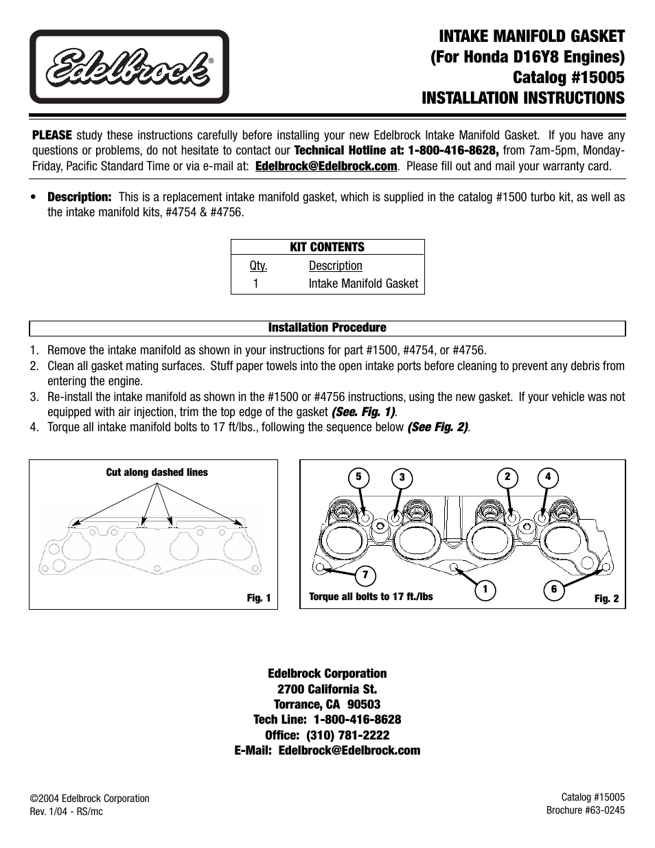 Edelbrock 15005 User Manual | 1 page