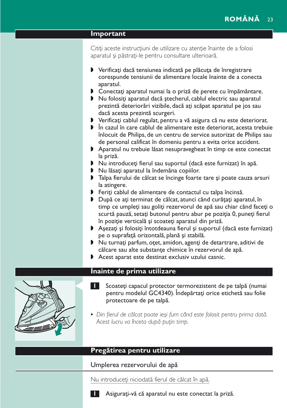 Română | Philips GC 4320 User Manual | Page 23 / 84