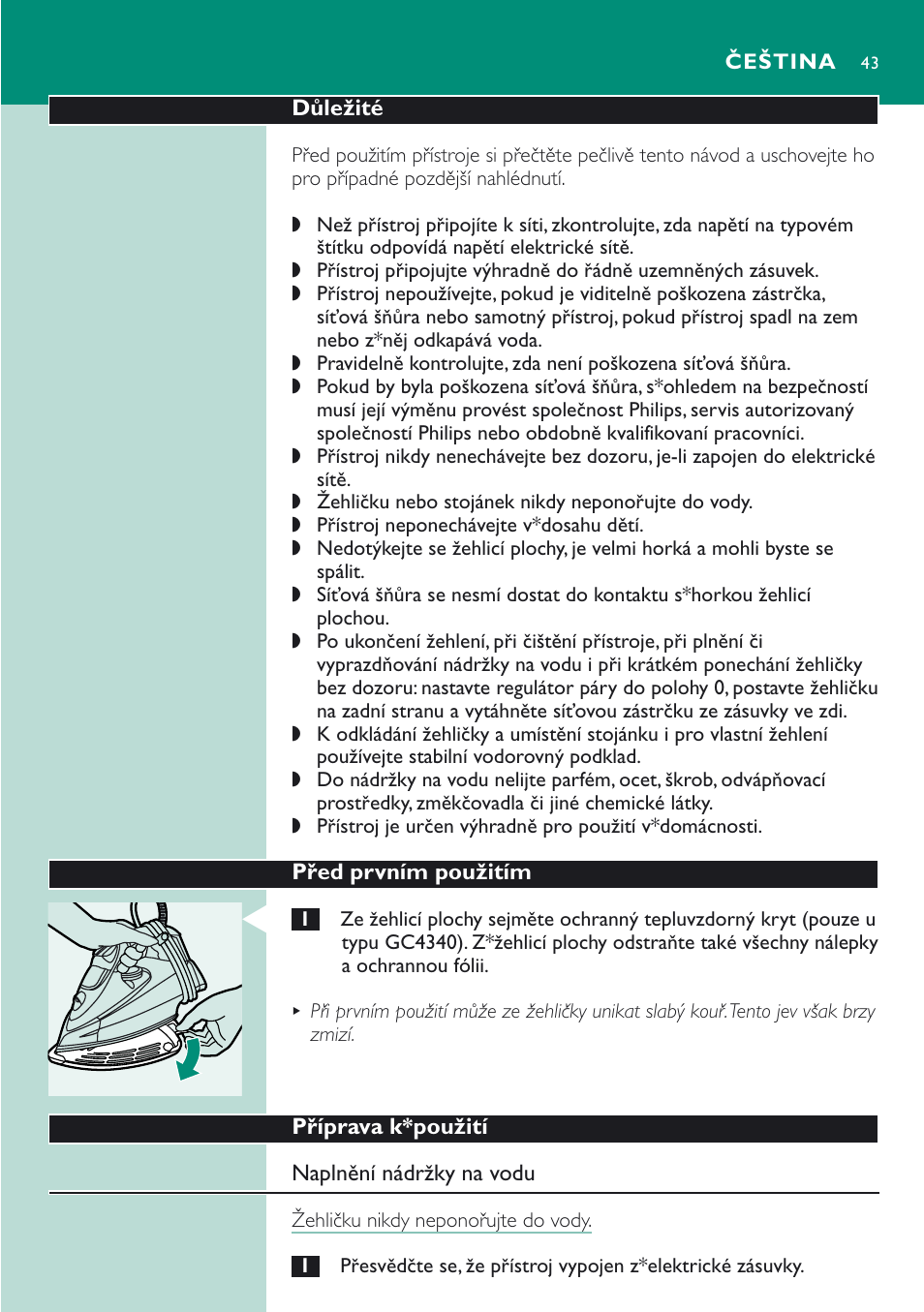 Čeština | Philips GC 4320 User Manual | Page 43 / 84