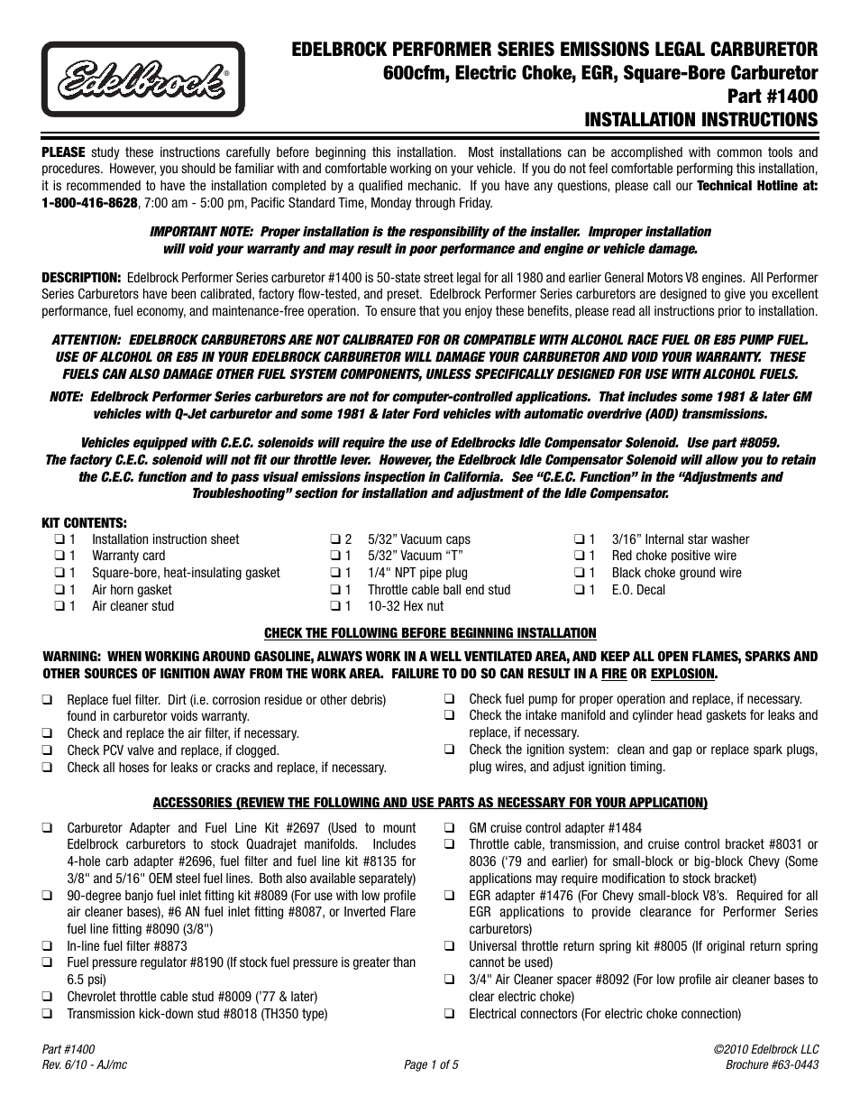 Edelbrock 1400 User Manual | 6 pages