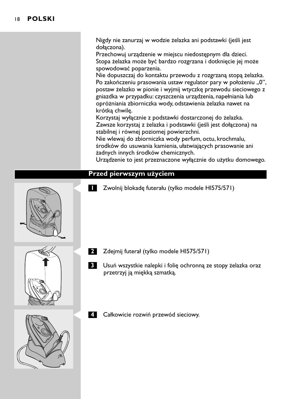 Przed pierwszym użyciem, Polski, 4całkowicie rozwiń przewód sieciowy | Philips HI570 User Manual | Page 18 / 98