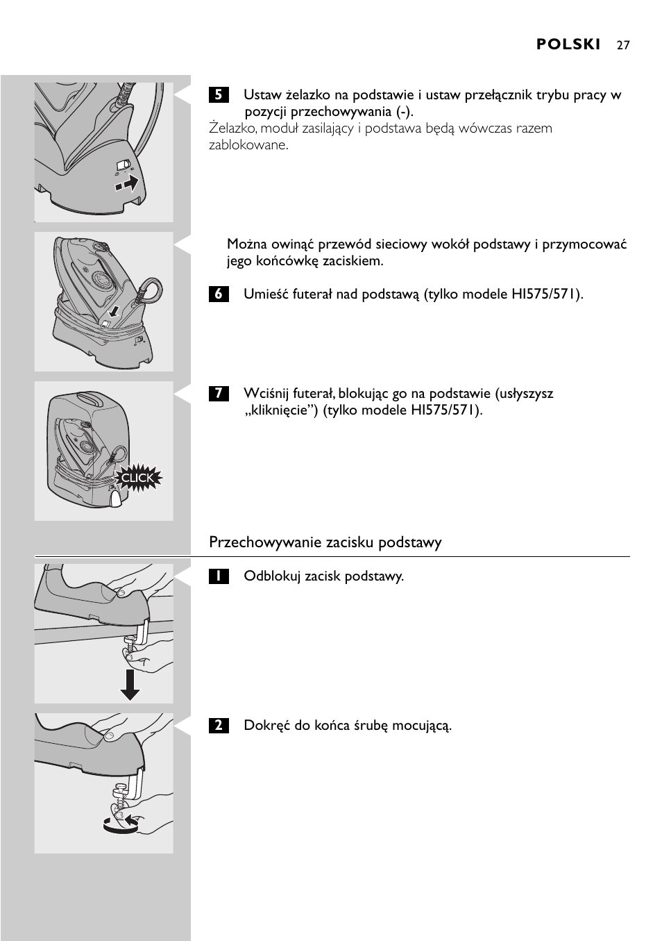 Przechowywanie zacisku podstawy, Polski | Philips HI570 User Manual | Page 27 / 98