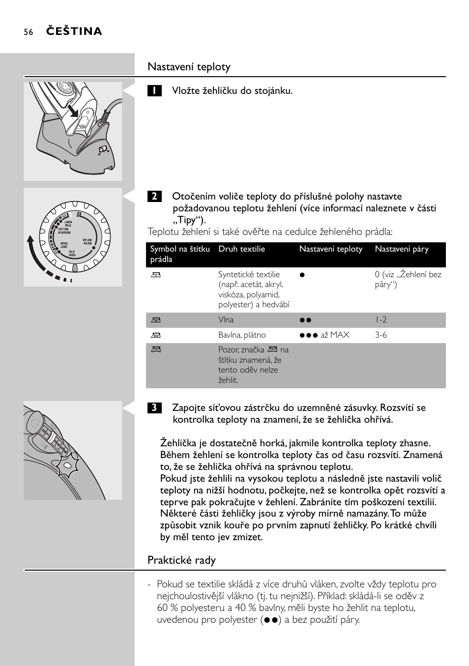 Nastavení teploty, Praktické rady | Philips HI570 User Manual | Page 56 / 98