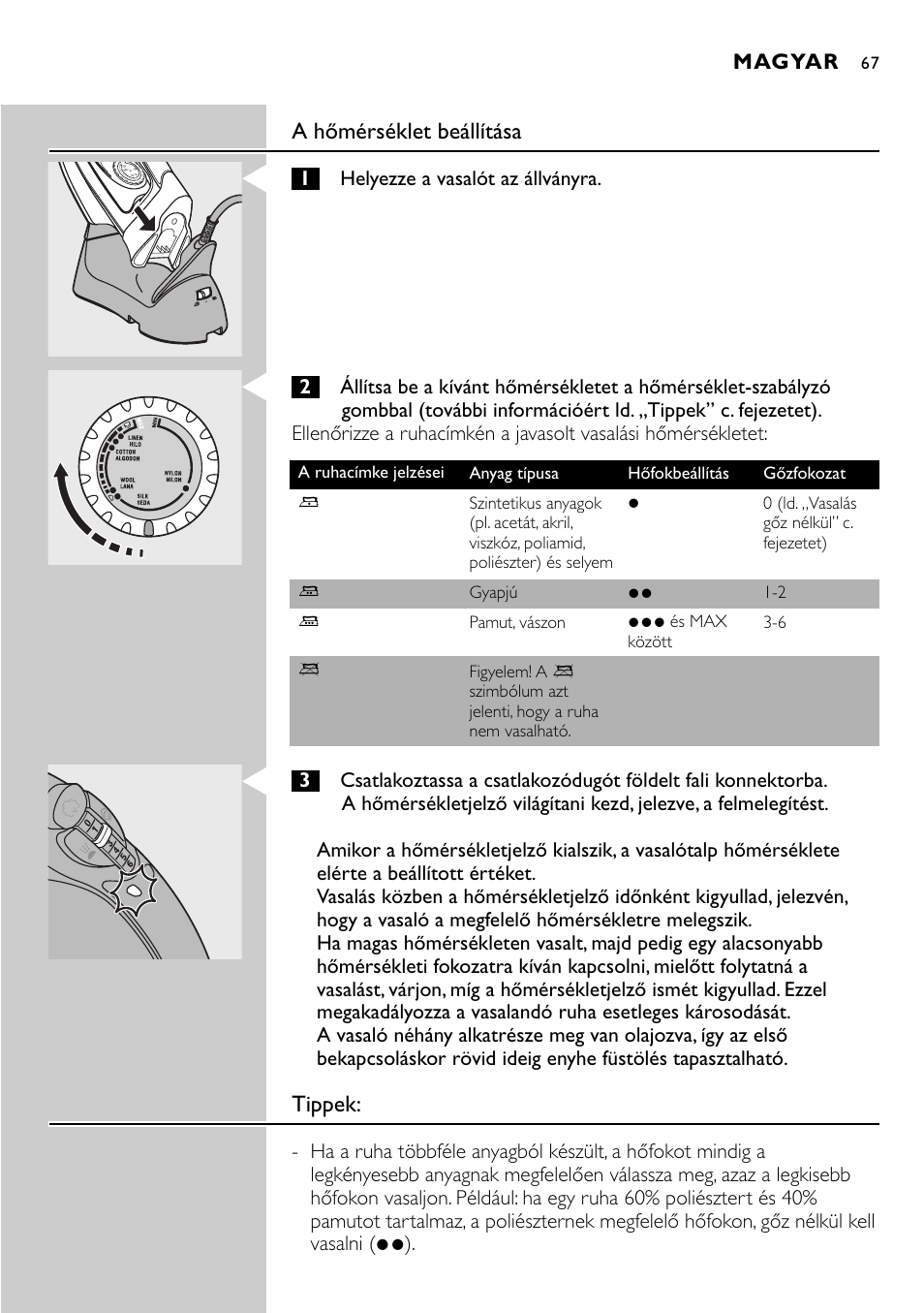 A hőmérséklet beállítása, Tippek | Philips HI570 User Manual | Page 67 / 98