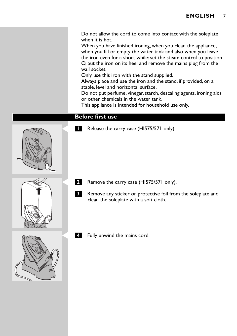 Before first use, English, 4fully unwind the mains cord | Philips HI570 User Manual | Page 7 / 98