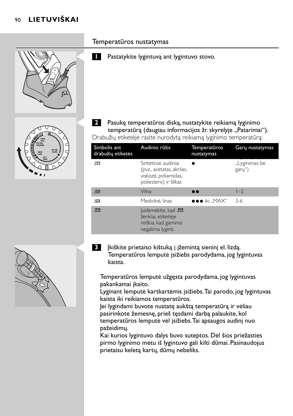 Temperatūros nustatymas | Philips HI570 User Manual | Page 90 / 98
