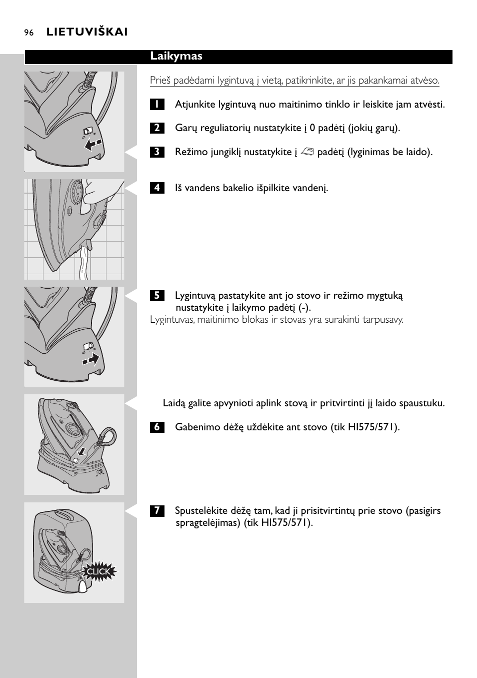 Laikymas | Philips HI570 User Manual | Page 96 / 98