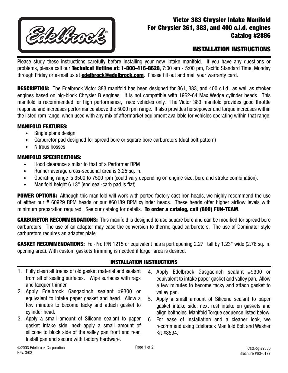 Edelbrock 2886 User Manual | 2 pages