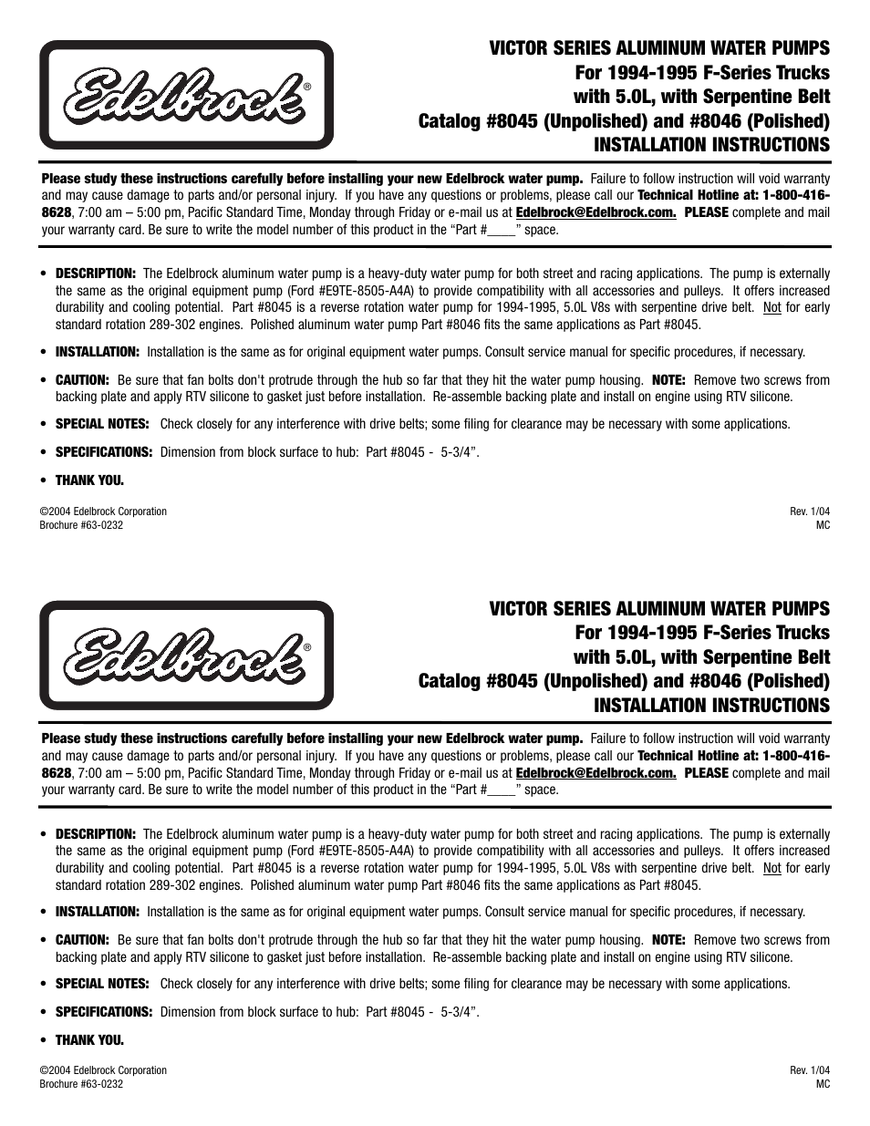 Edelbrock For 1994-1995 Ford F-Series 8046 User Manual | 1 page