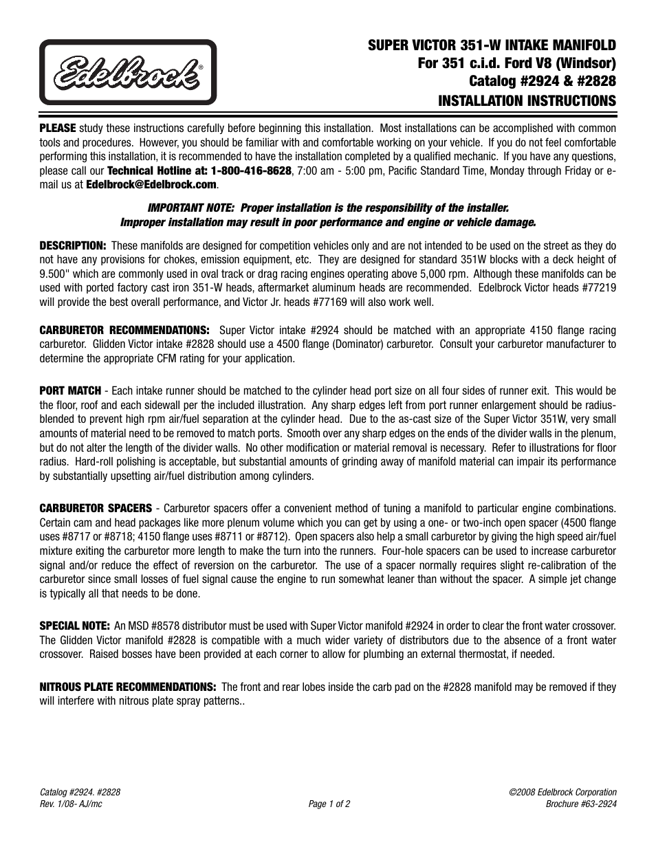 Edelbrock 2924 User Manual | 2 pages
