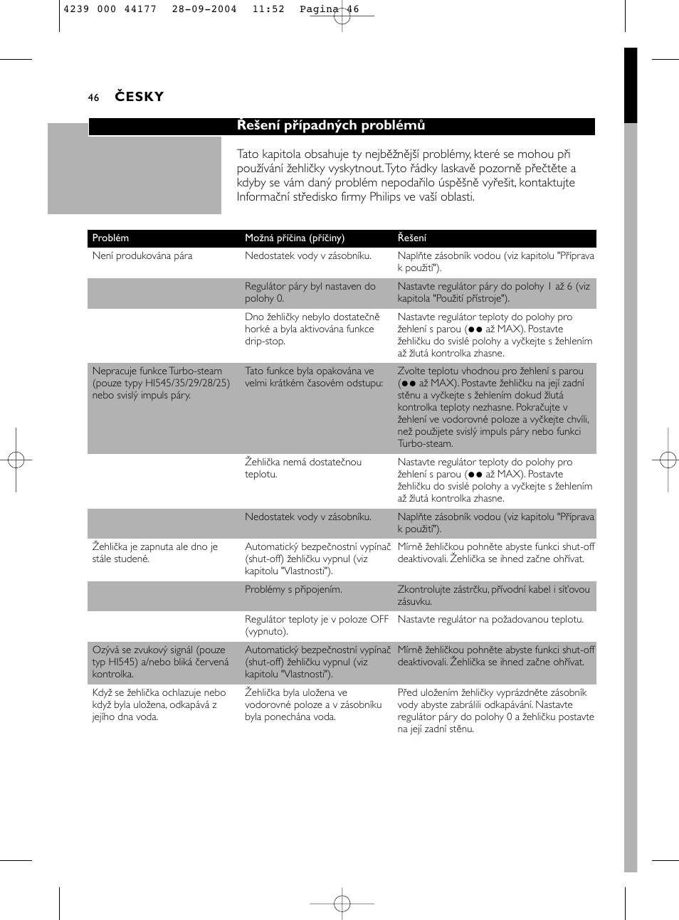 Řešení případných problémů | Philips HI518 User Manual | Page 46 / 130