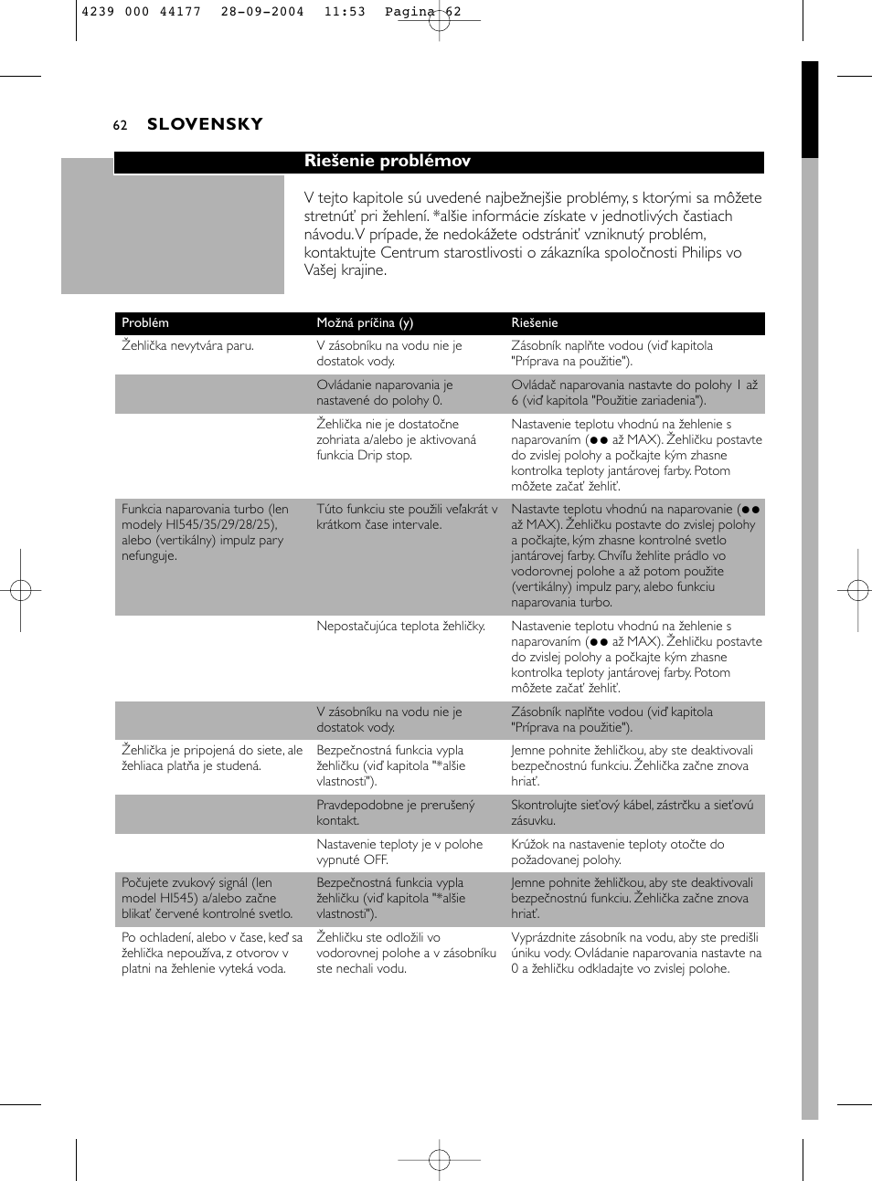 Riešenie problémov | Philips HI518 User Manual | Page 62 / 130