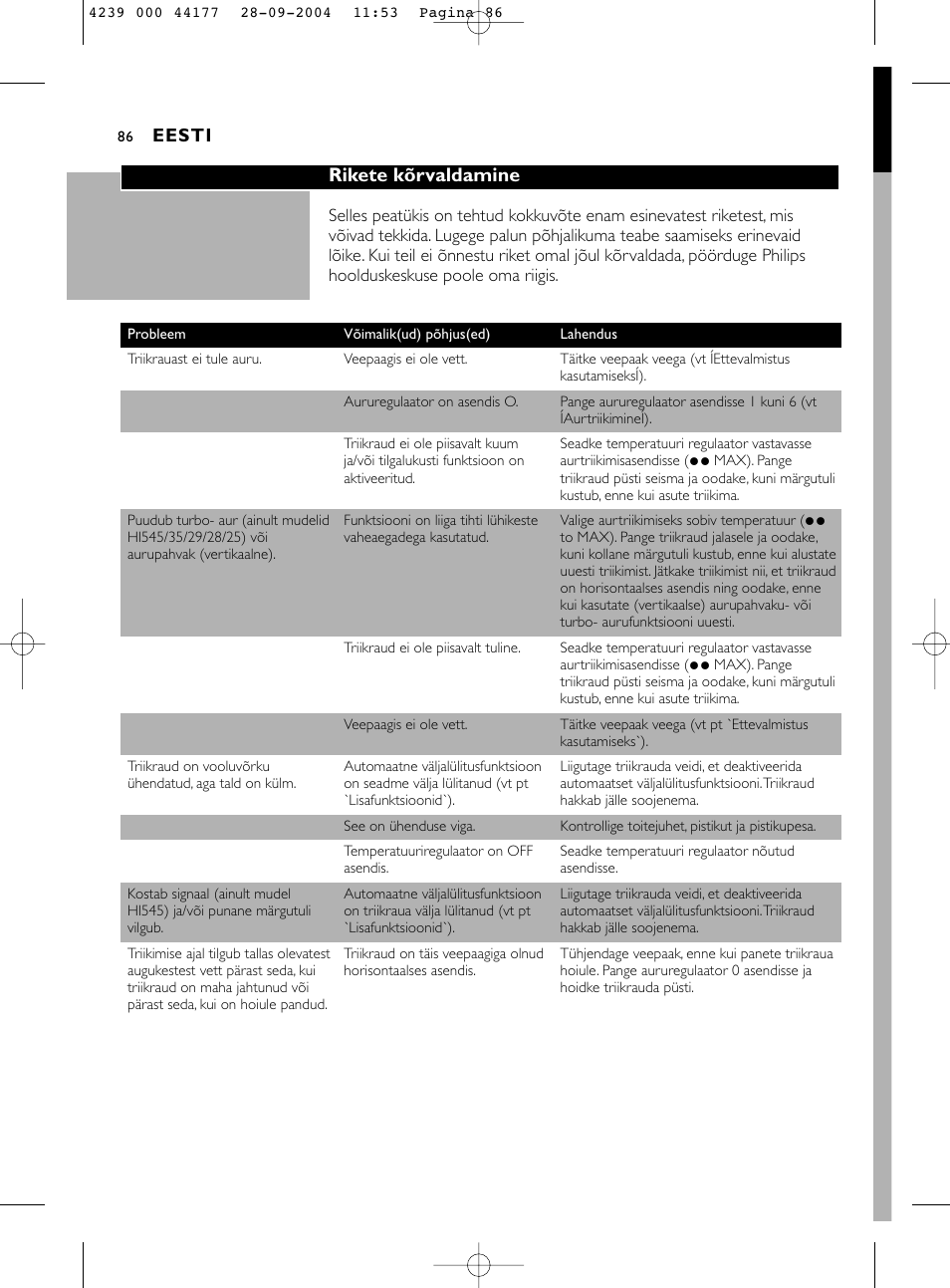 Rikete kõrvaldamine | Philips HI518 User Manual | Page 86 / 130