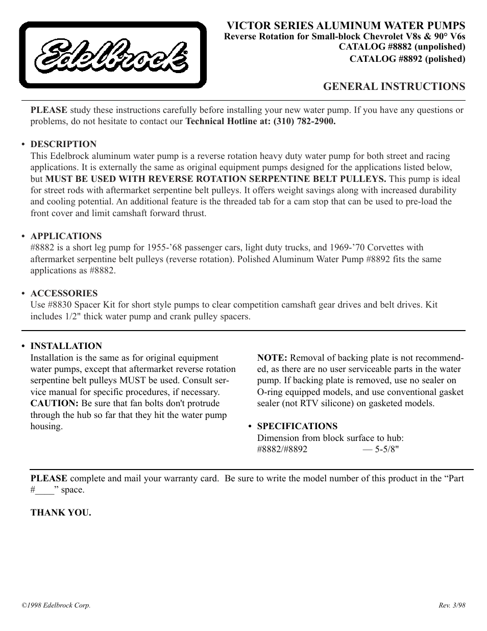 Edelbrock For Small Blaock Chevrolet V6&V8&V9 8882 User Manual | 1 page