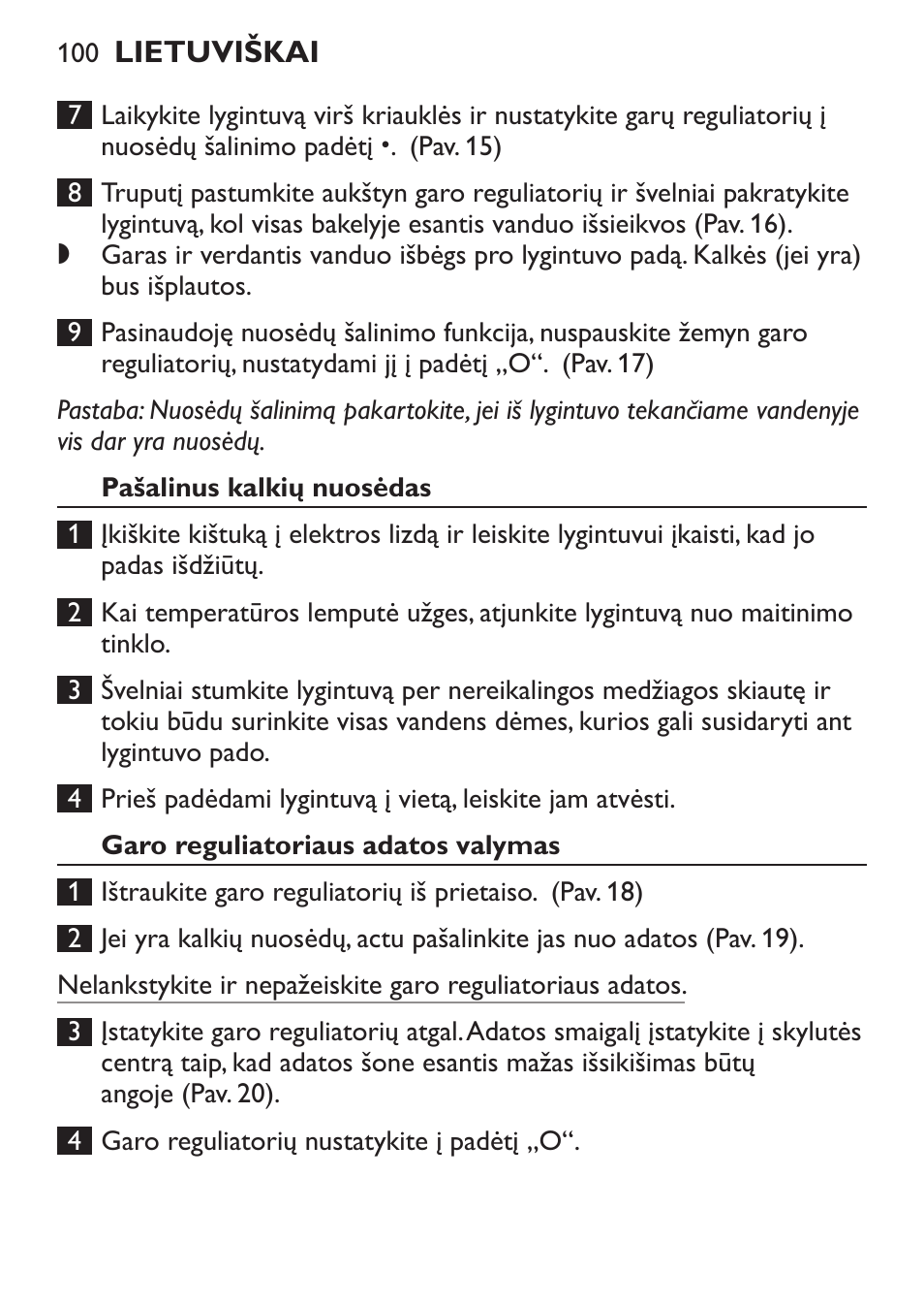 Pašalinus kalkių nuosėdas, Garo reguliatoriaus adatos valymas | Philips GC1905 User Manual | Page 100 / 212