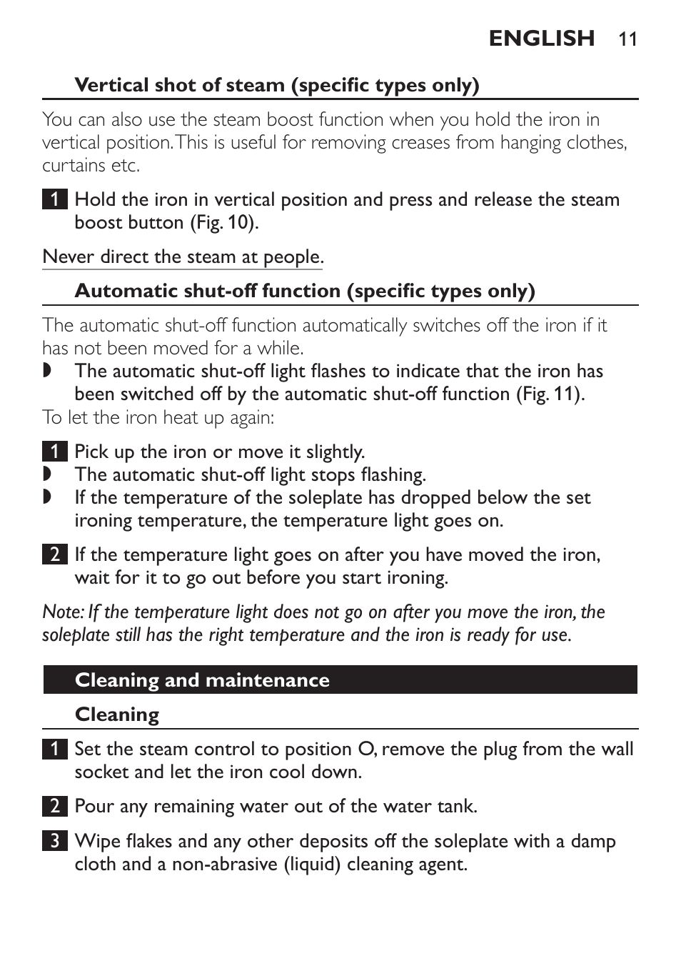 Vertical shot of steam (specific types only), Automatic shut-off function (specific types only), Cleaning and maintenance | Cleaning | Philips GC1905 User Manual | Page 11 / 212