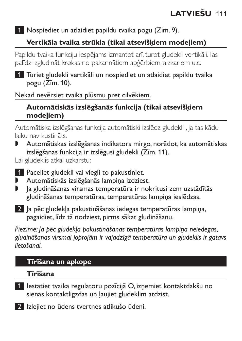 Tīrīšana un apkope, Tīrīšana | Philips GC1905 User Manual | Page 111 / 212