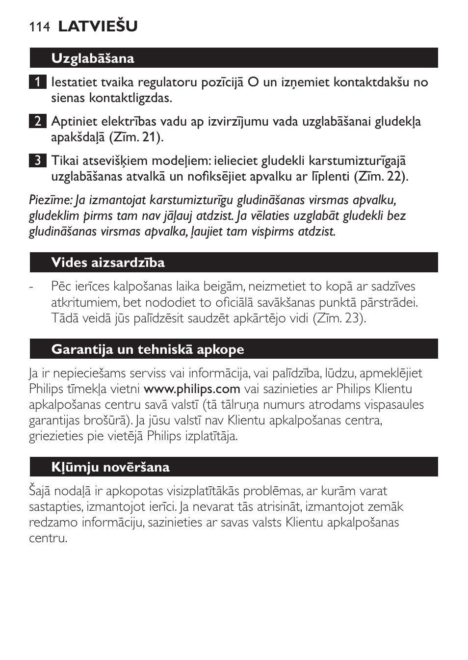 Uzglabāšana, Vides aizsardzība, Garantija un tehniskā apkope | Kļūmju novēršana | Philips GC1905 User Manual | Page 114 / 212