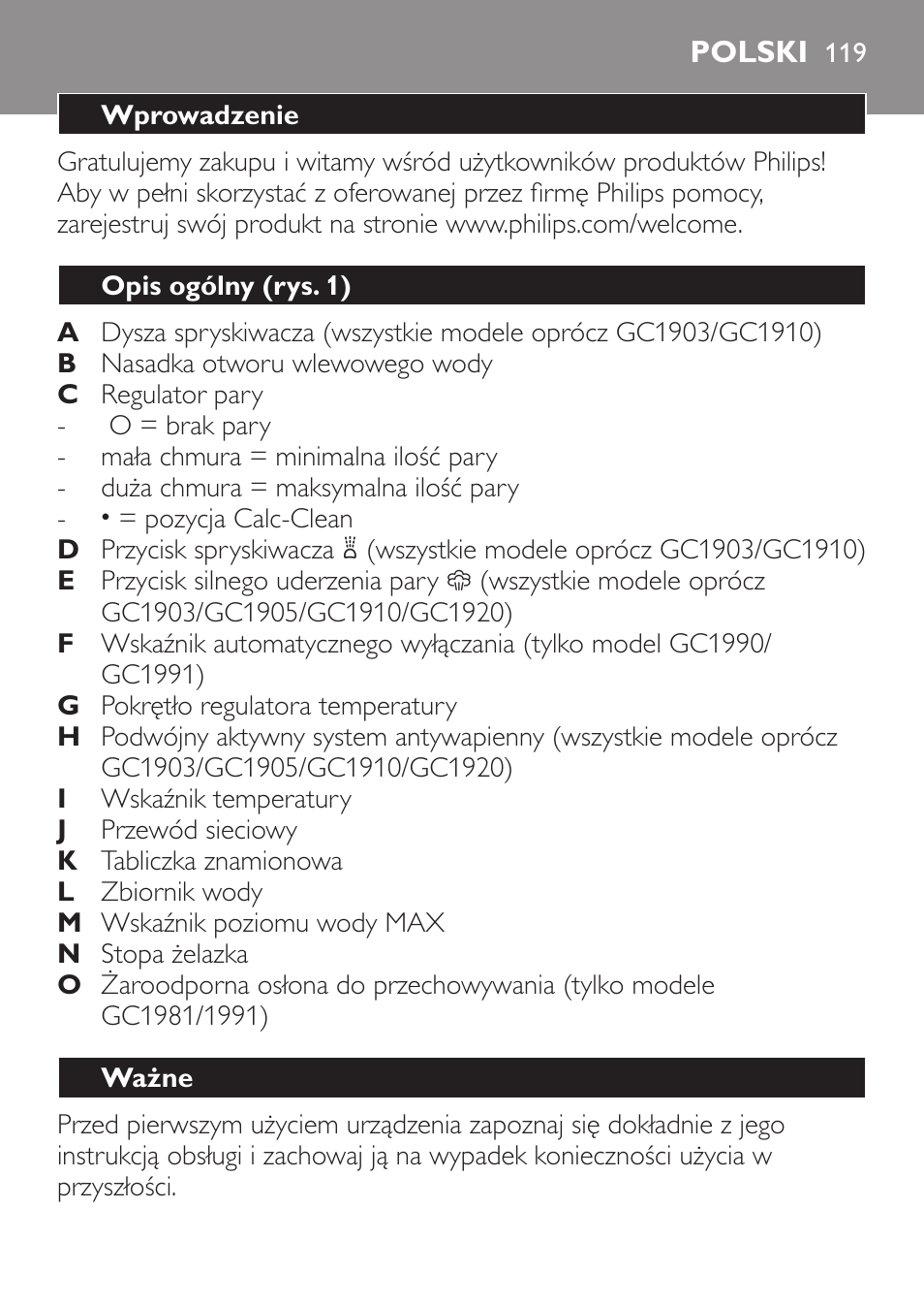 Polski, Wprowadzenie, Opis ogólny (rys. 1) | Ważne | Philips GC1905 User Manual | Page 119 / 212