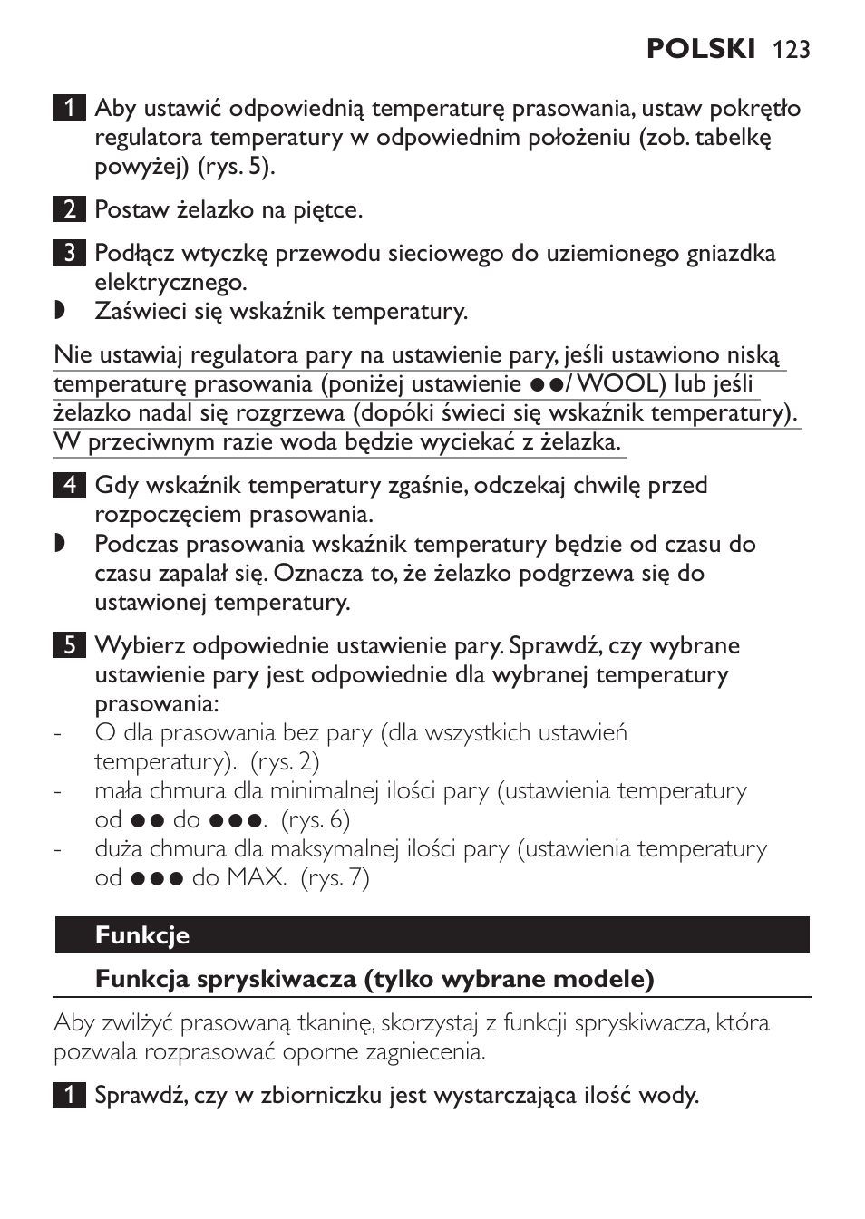 Funkcje, Funkcja spryskiwacza (tylko wybrane modele) | Philips GC1905 User Manual | Page 123 / 212