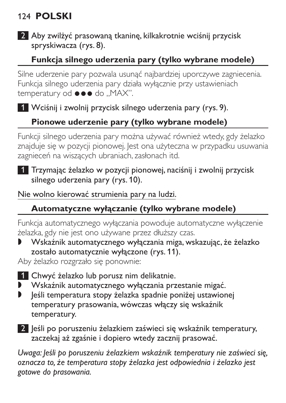 Pionowe uderzenie pary (tylko wybrane modele), Automatyczne wyłączanie (tylko wybrane modele) | Philips GC1905 User Manual | Page 124 / 212