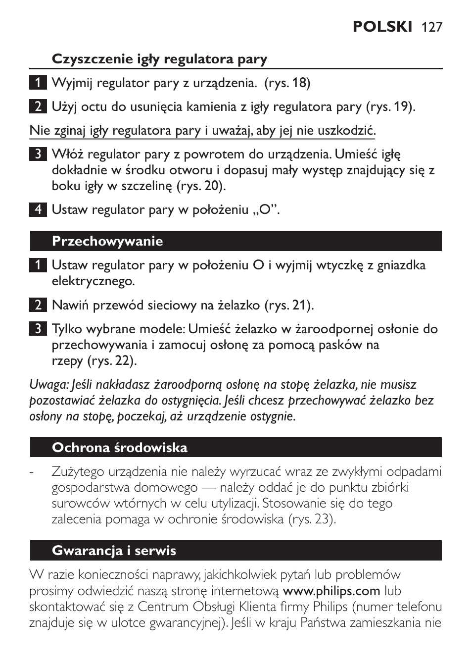 Czyszczenie igły regulatora pary, Przechowywanie, Ochrona środowiska | Gwarancja i serwis | Philips GC1905 User Manual | Page 127 / 212