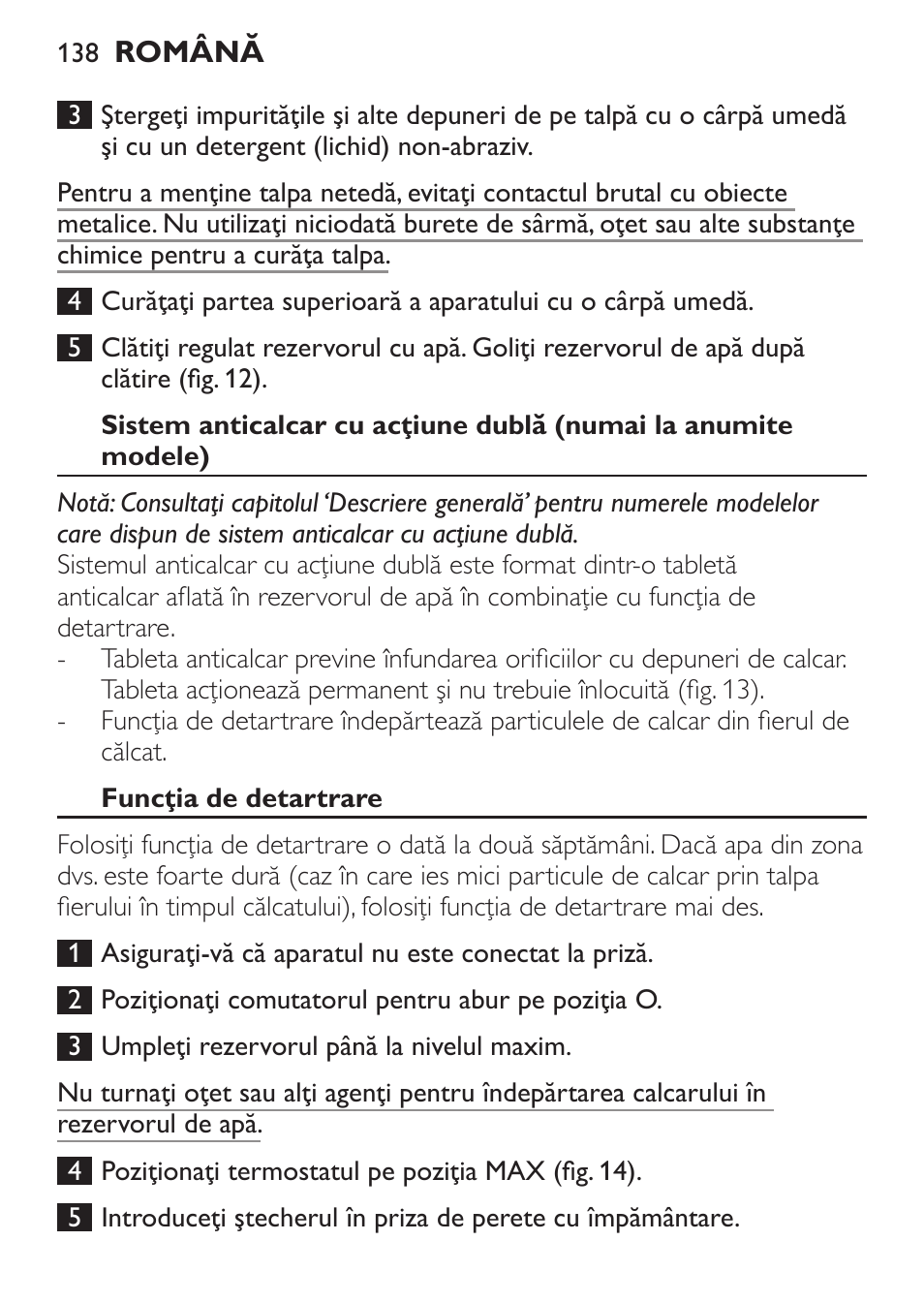 Funcţia de detartrare | Philips GC1905 User Manual | Page 138 / 212