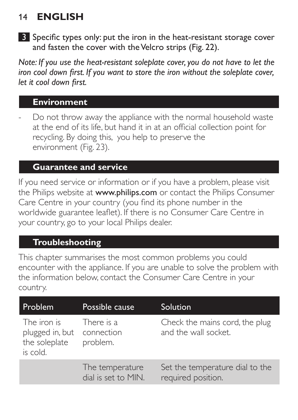 Environment, Guarantee and service, Troubleshooting | Philips GC1905 User Manual | Page 14 / 212