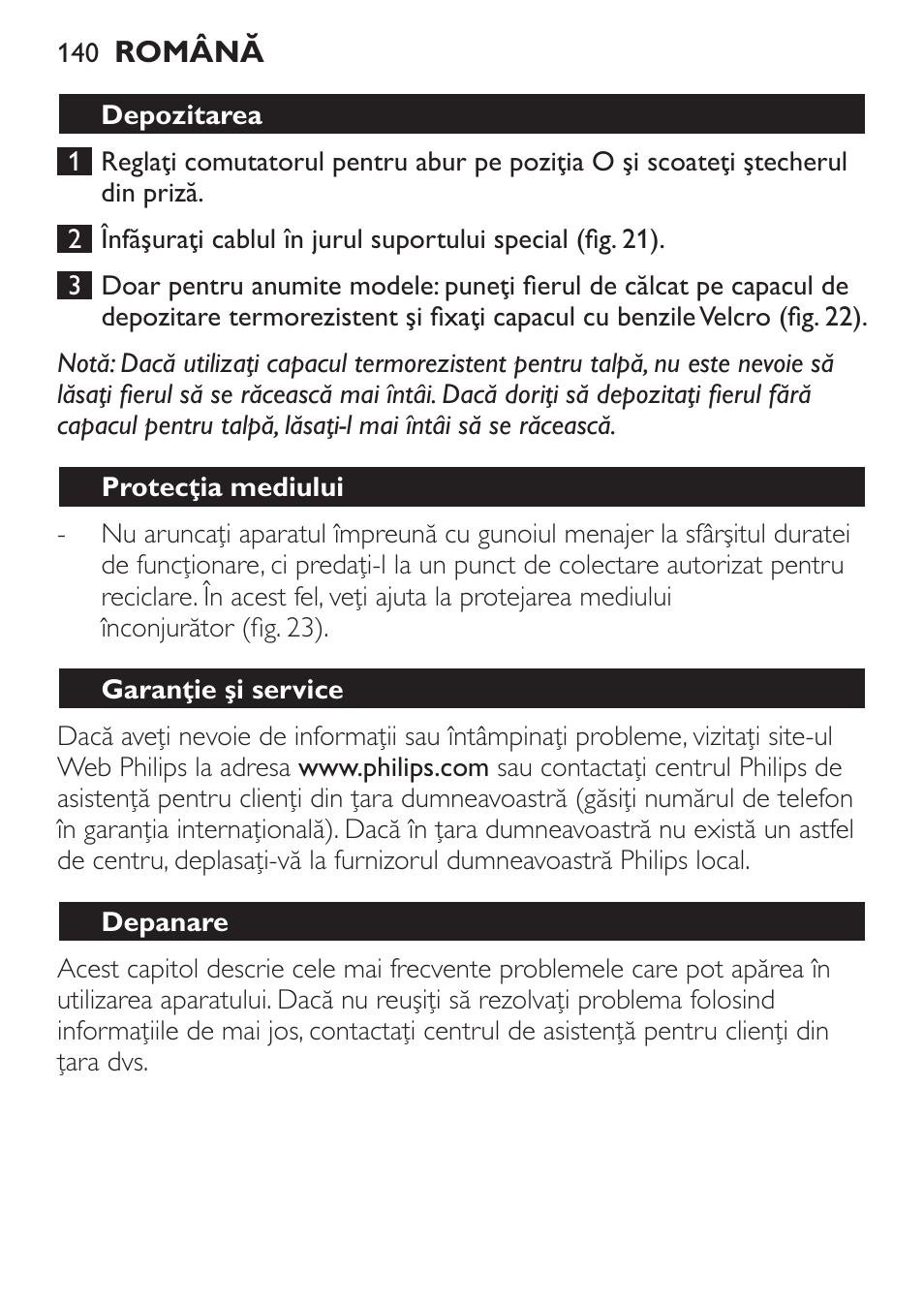 Depozitarea, Protecţia mediului, Garanţie şi service | Depanare | Philips GC1905 User Manual | Page 140 / 212