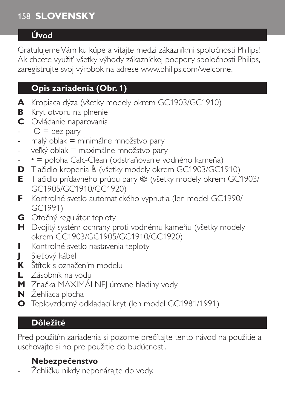 Nebezpečenstvo, Slovensky, Úvod | Opis zariadenia (obr. 1), Dôležité | Philips GC1905 User Manual | Page 158 / 212